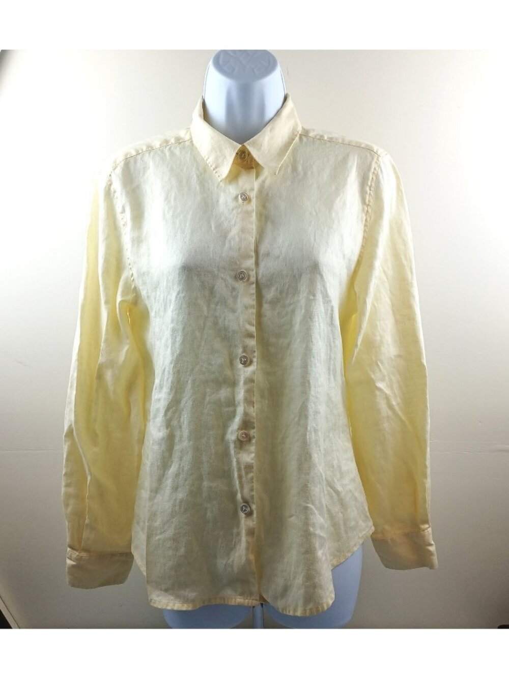 Laura Ashley Long Sleeve Linen Shirt Pastel Yellow Size M Button Front